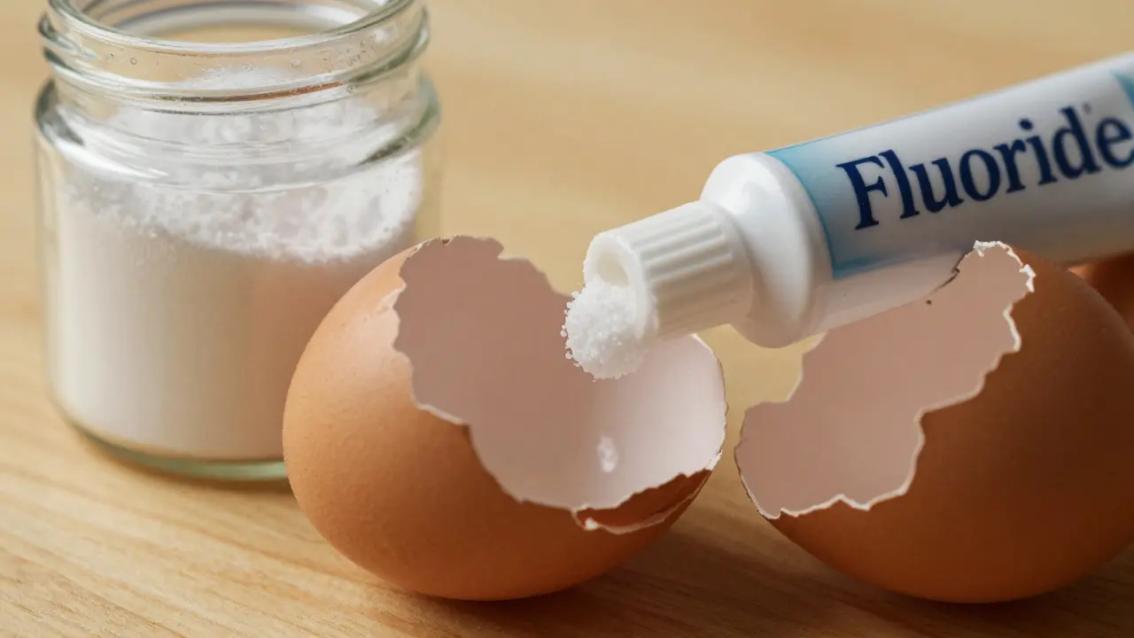 Zlomená slupka vajíčka vedle jedlé sody a zubní pasty s fluoridem.