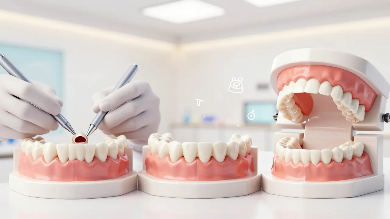 Zubař aplikuje tři různé metody na uzavření mezery mezi zuby: plombu, vložky a ortodontii.