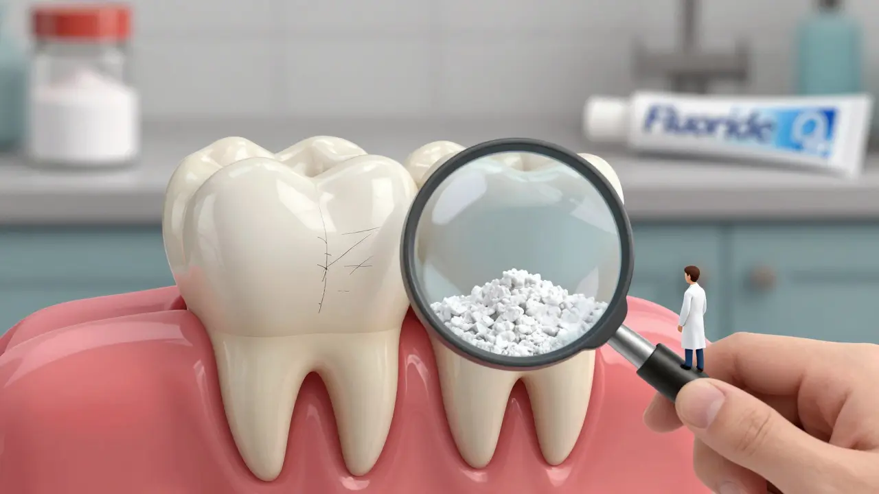 Zvětšený pohled na zub s porovnáním zdravého a poškozeného emalu.