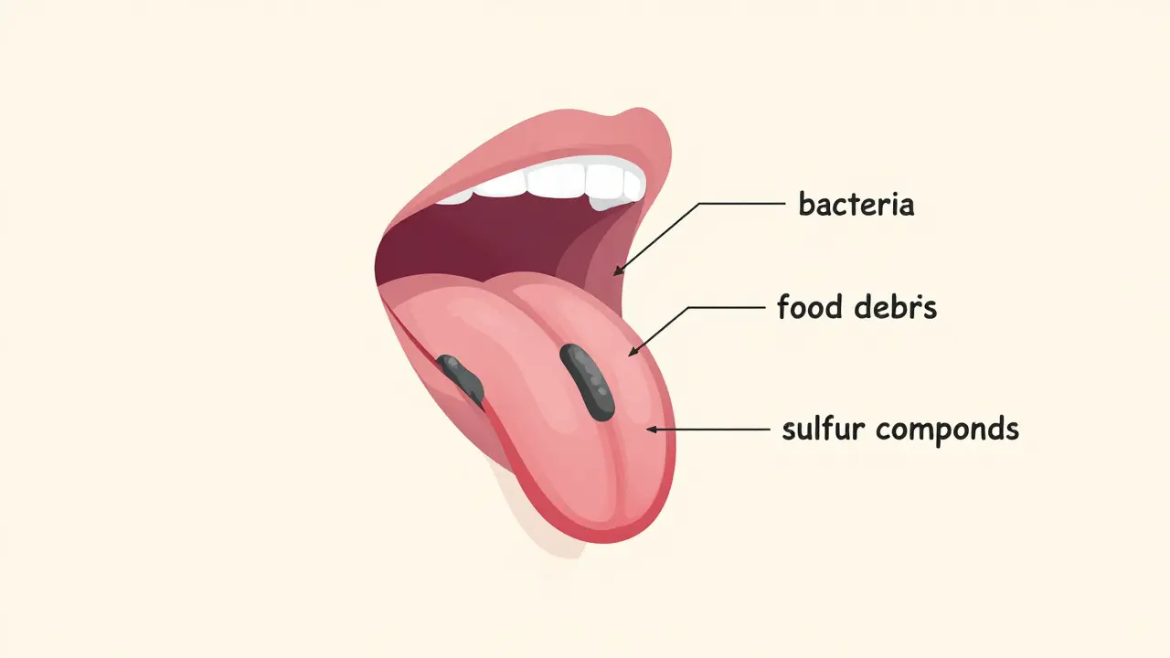 Anatomický náčrt jazyka s bakteriemi a jejich šířením na zuby a dásně.