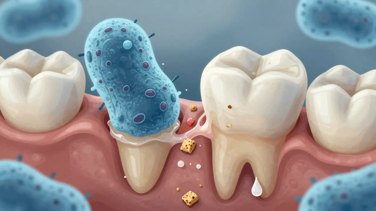 Bakterie ničí sklovinu mezi zuby dítěte po konzumaci sladkých potravin.