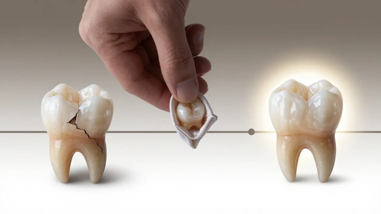 Časová osa: poškozená korunka, její uložení a nová výměna.