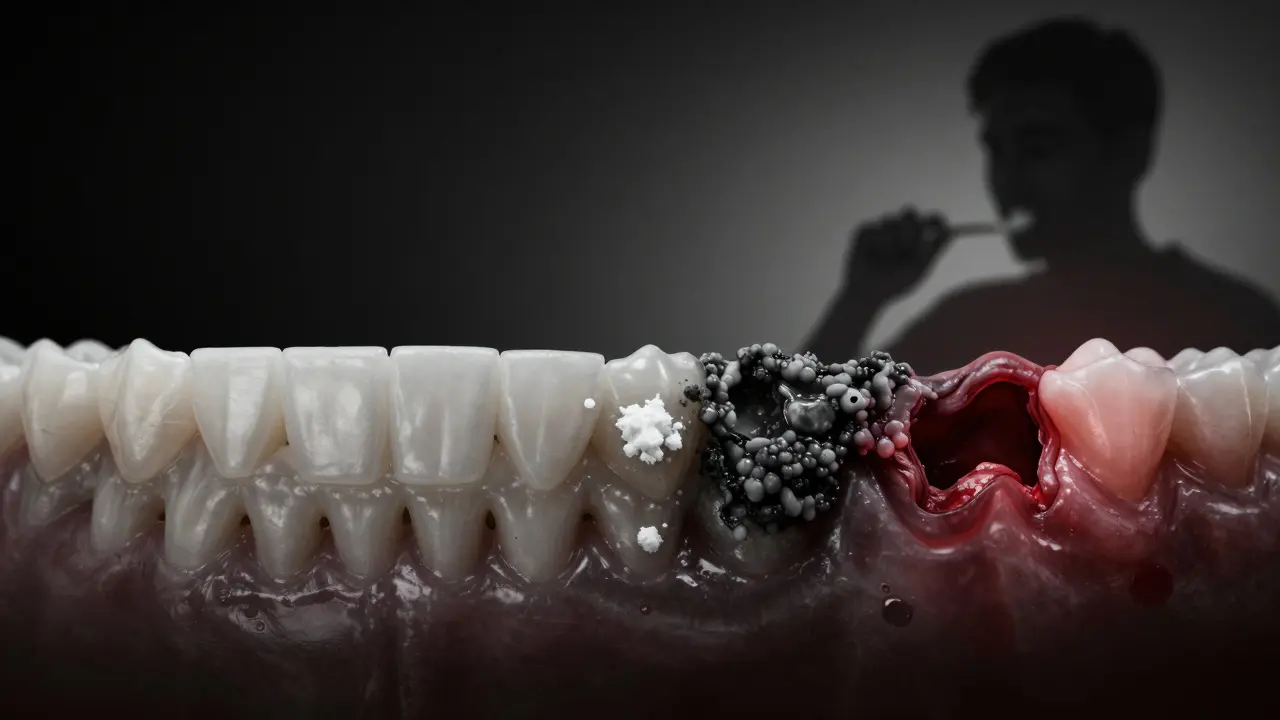 Časová osa rozvoje mezizubního kazů od zdravého zubu ke ztrátě zubu.