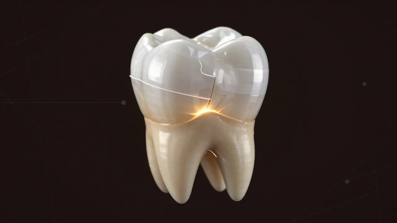 Ceramic veneer hovering above a tooth, revealing its layered structure.