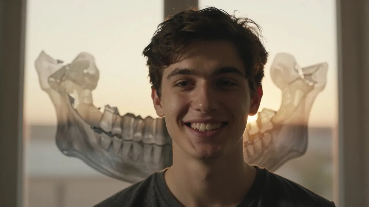 Chybějící přední zub a postupné zničení čelisti v pozadí.