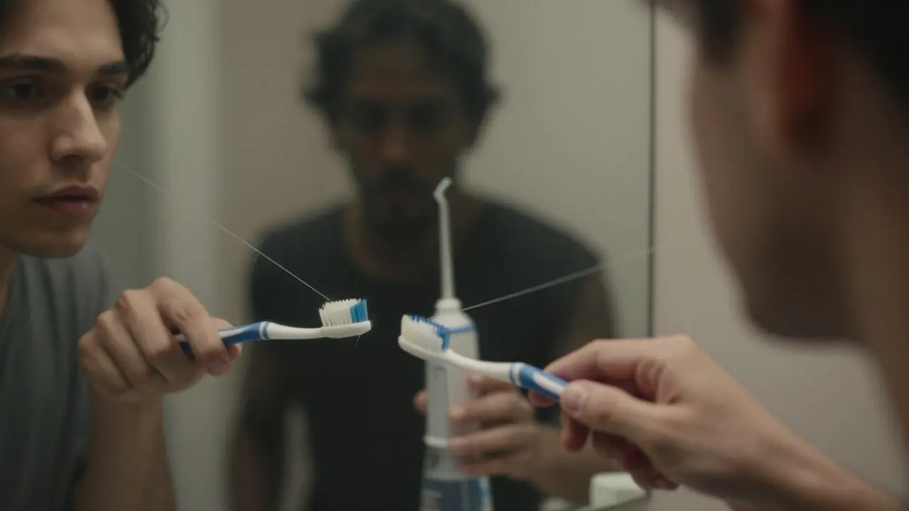 Člověk čistí zuby, ale v zrcadle je vidět, že některé oblasti zůstávají nečisté.