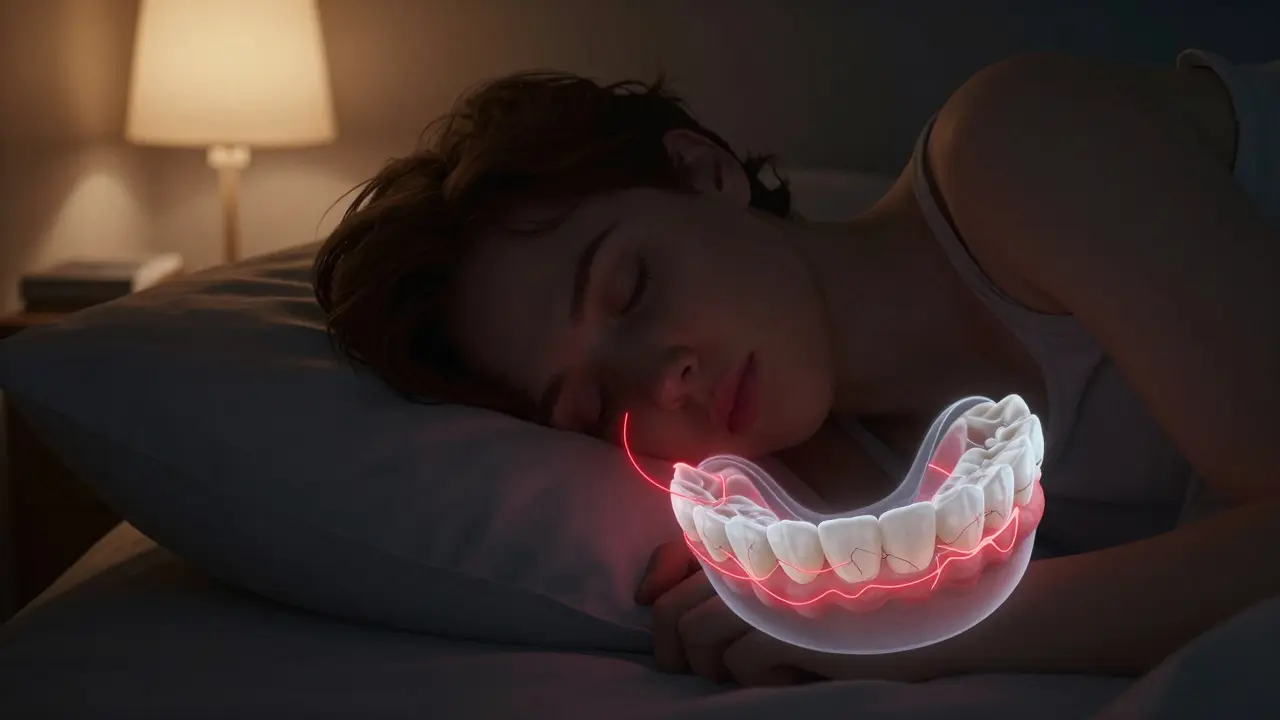 Člověk spí s noční ochrannou deskou, která chrání zuby před stiskem během spánku.