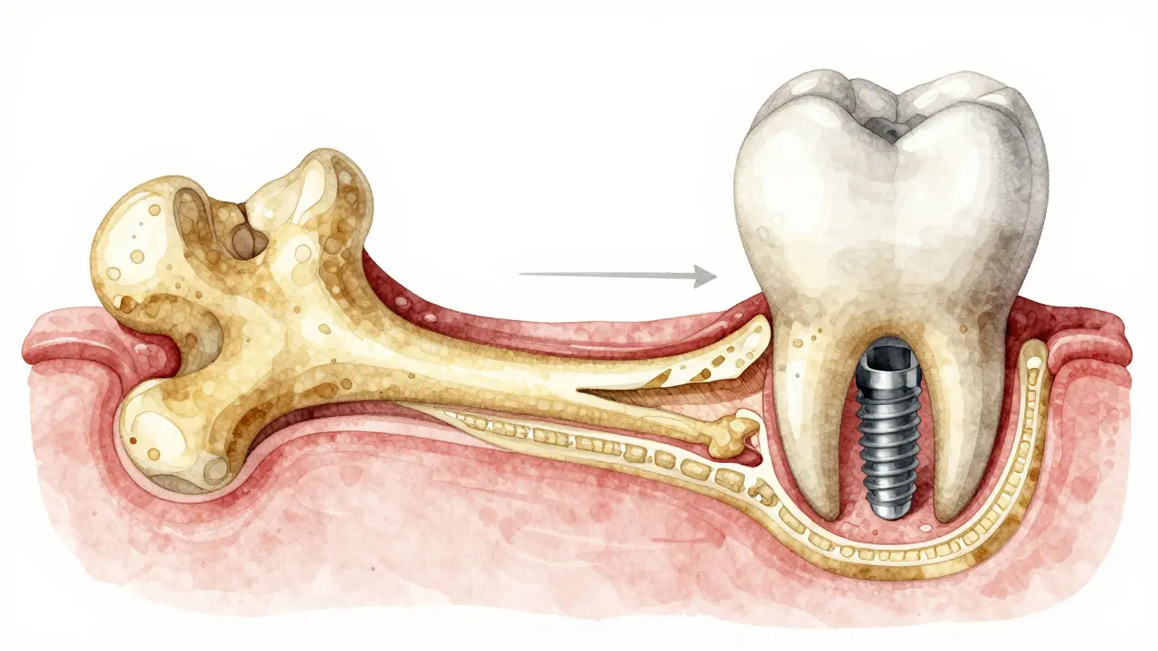 Cross-section of jawbone showing bone loss versus healthy bone regeneration after tooth loss.
