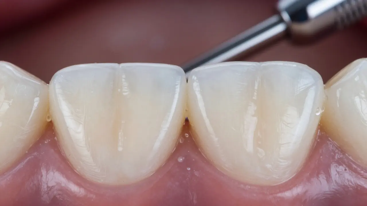 Detail keramických korunek vedle přirozených zubů s dokonalým barevným přizpůsobením.