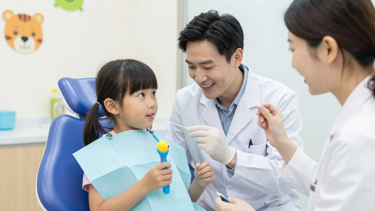 Dětský zubní lékař ukazuje dítěti, jak používat mezizubní nit s příchuťí.