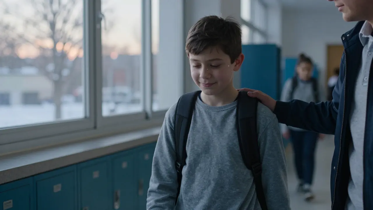 Dítě vstupuje do školy s přátelskou podporou kamaráda.