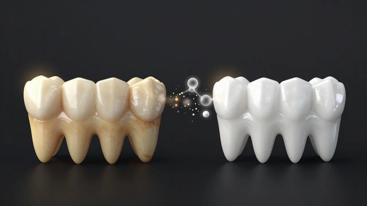 Dvě sady zubů vedle sebe: jedny tmavé a znečištěné, druhé bělé, s chemickou reakcí mezi nimi.