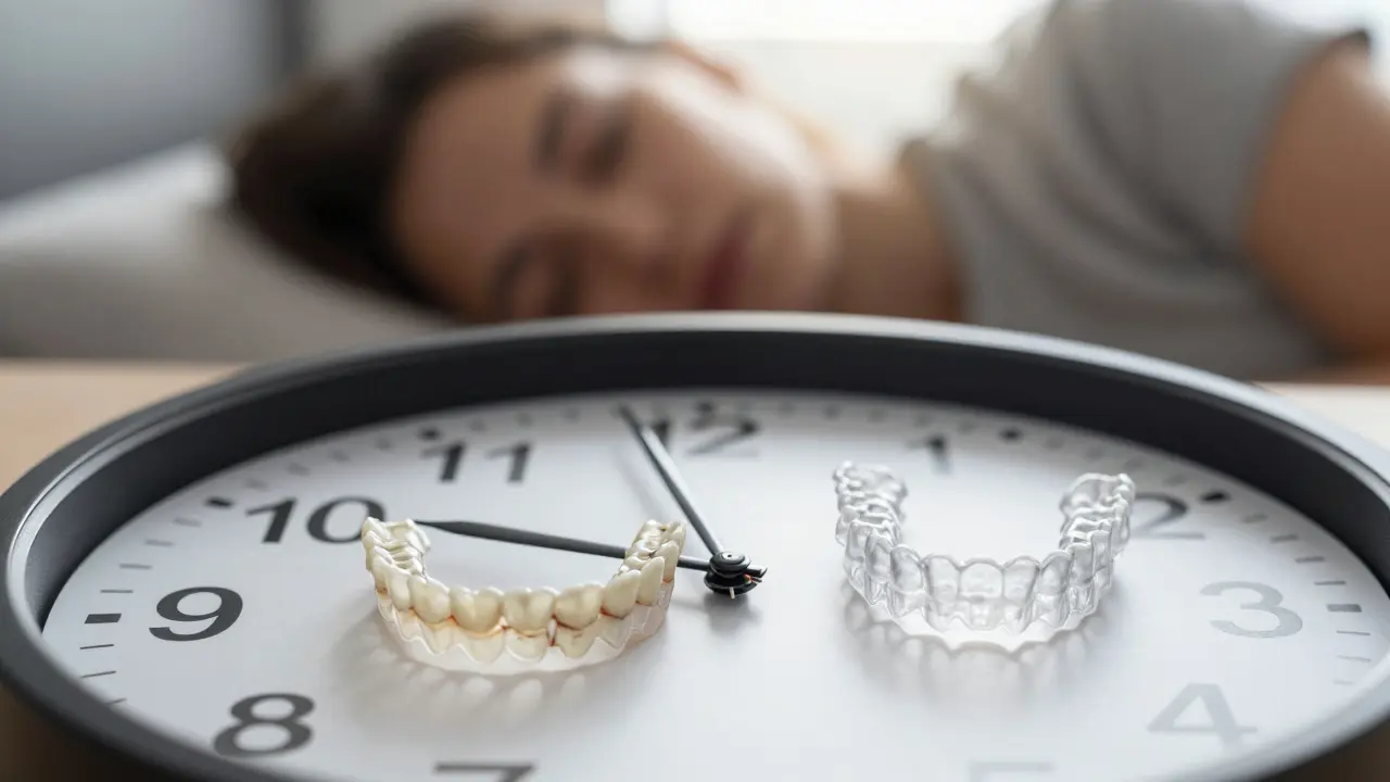 Hodiny s zuby jako číslicemi, symbolizující opotřebení zubů způsobené předkusem.