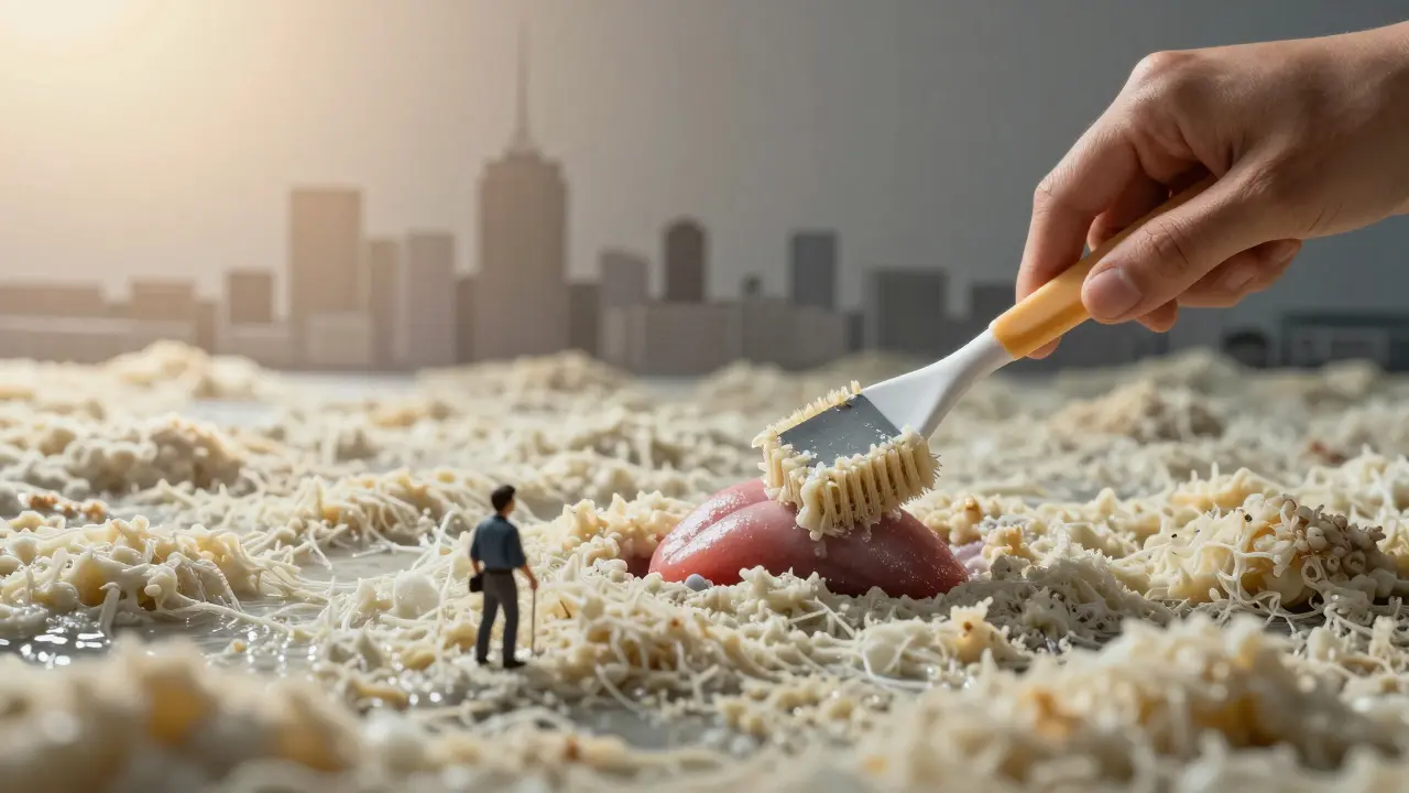 Koncepční obraz jazyka jako krajiny s mikroskopickými postavičkami čistícími biofilm.