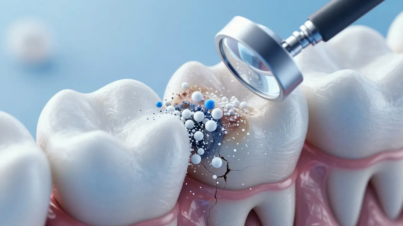 Mikroskopický pohled poškozené sklovinky způsobené abrazivy.