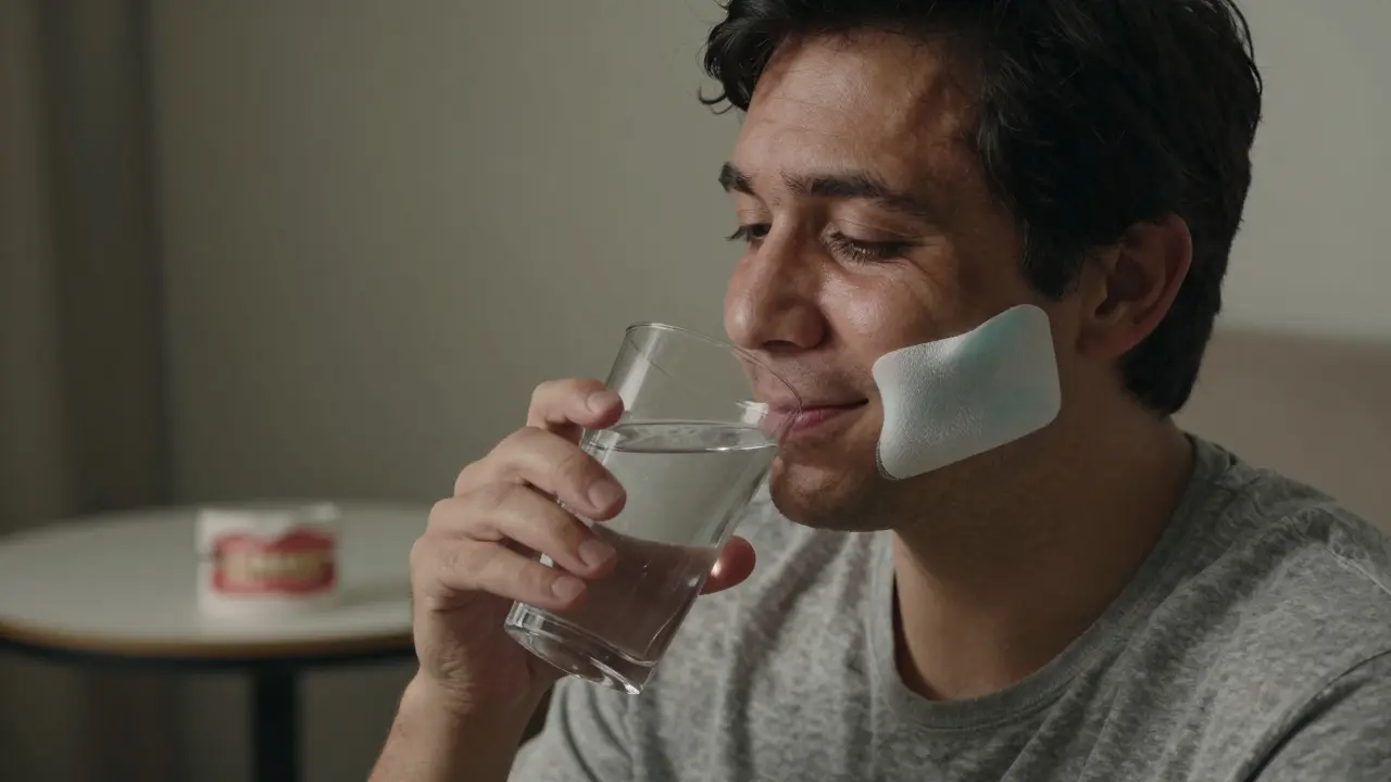 Osoba pije studenou vodu s chladným obkladem na tváři, známka obnovy po zubní léčbě.