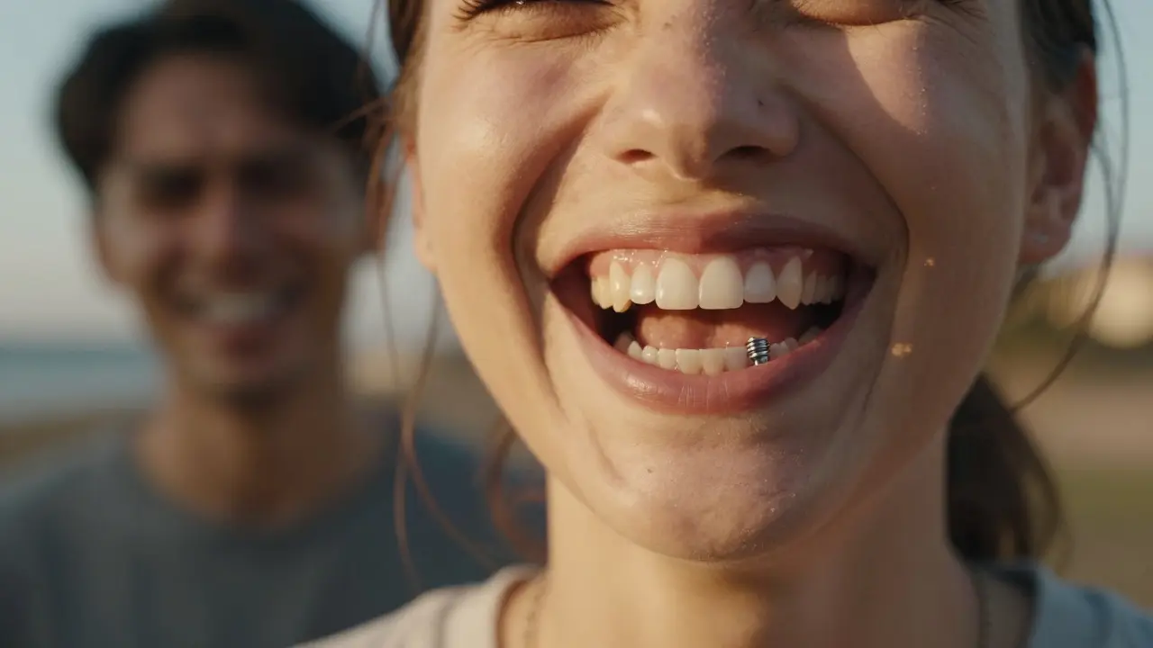 Osoba se svobodně usmívající s přirozeným úsměvem, kde implantát není vidět.