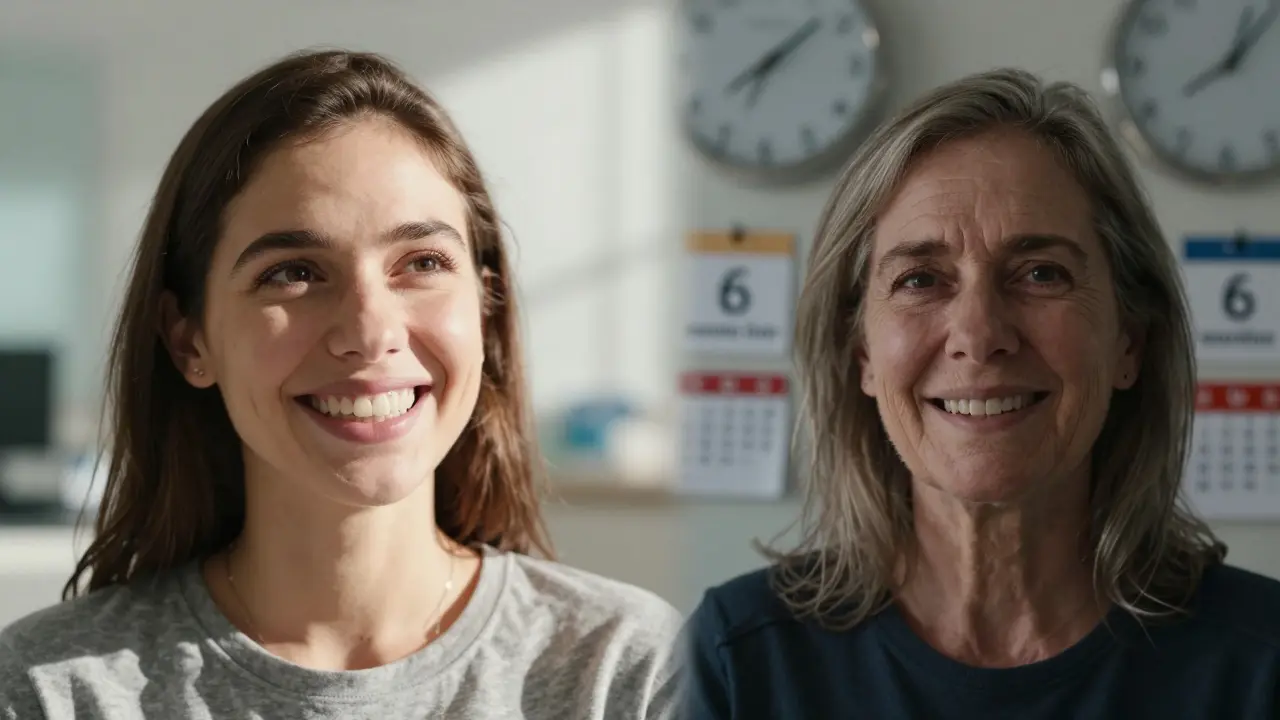 Person facing two futures: one with a full smile and implant, the other with a gap and signs of aging.