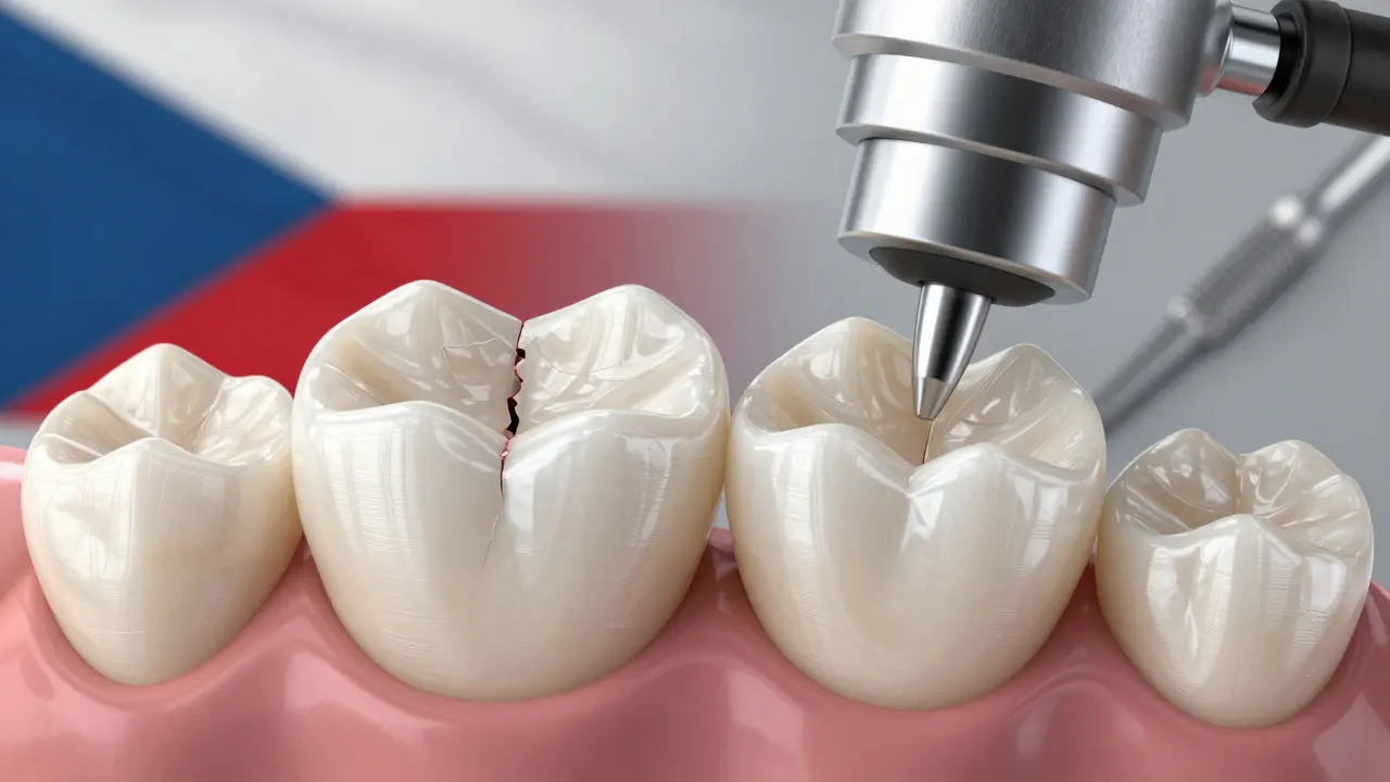 Porovnání poškozené a nové zirkonové korunky pod lupou.