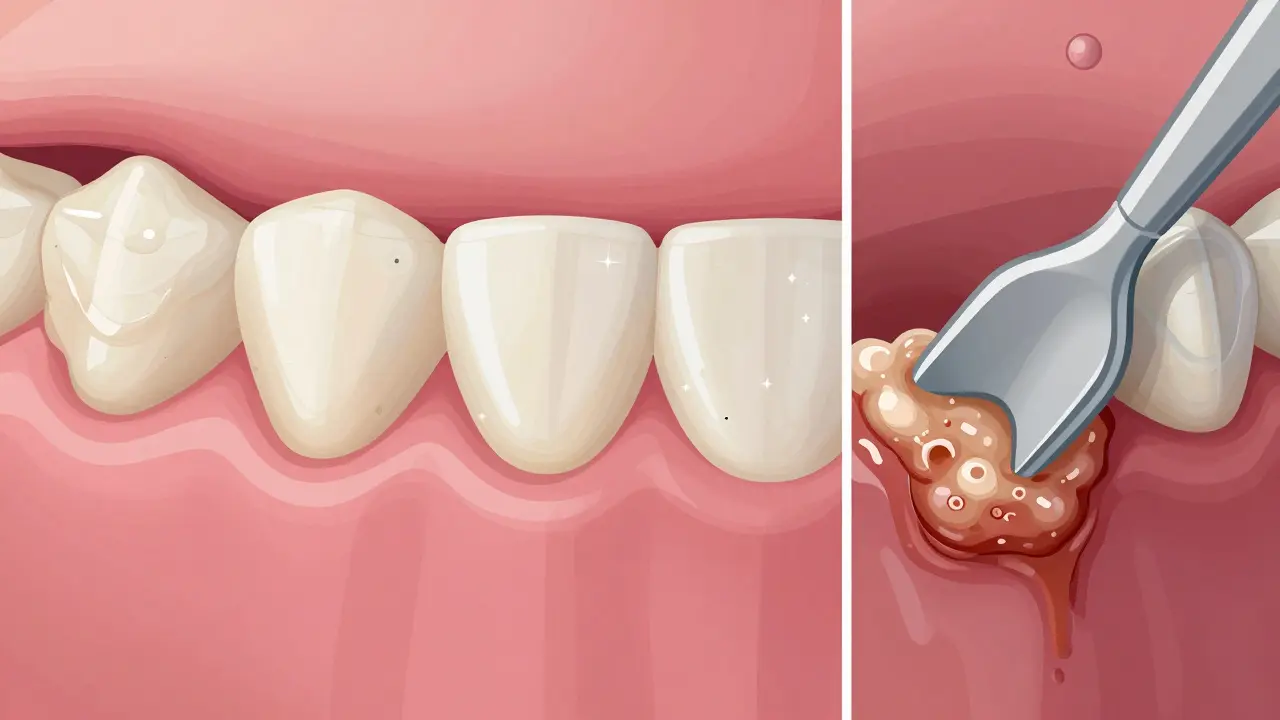 Přeměna měkkého zubního plaku na tvrdý zubní kámen pod dásní.