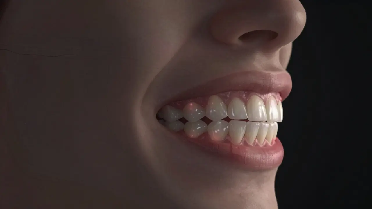 Profil dospělého s přílišným předkusem, horní zuby překrývají dolní.