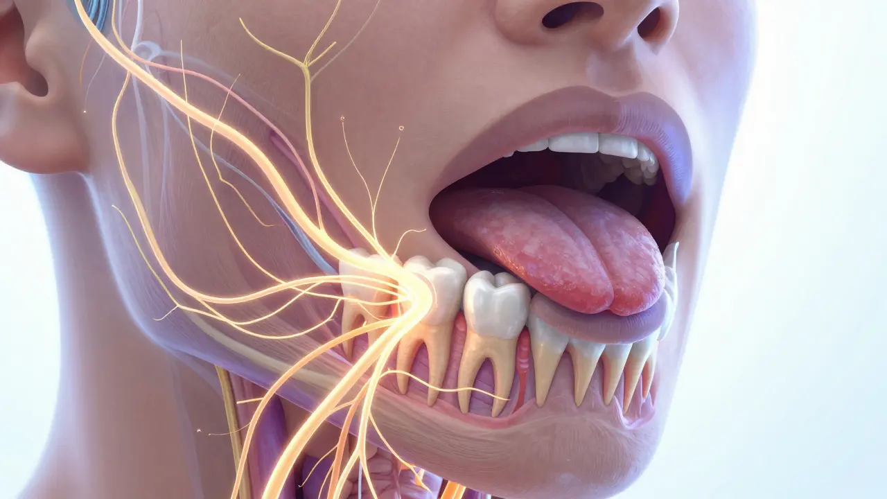 Průřez čelistí s obnovujícími se nervy, které postupně ztrácí účinek anestezie.