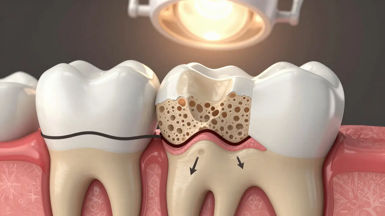 Průřez zubem ukazující demineralizaci skloviny jako tenkou tmavou čáru pod povrchem.