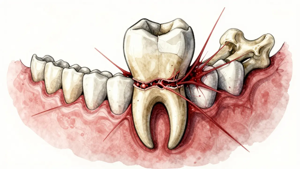 Rozdrcený kořen zubu a poškozené vazivo v čelisti s příznaky infekce.