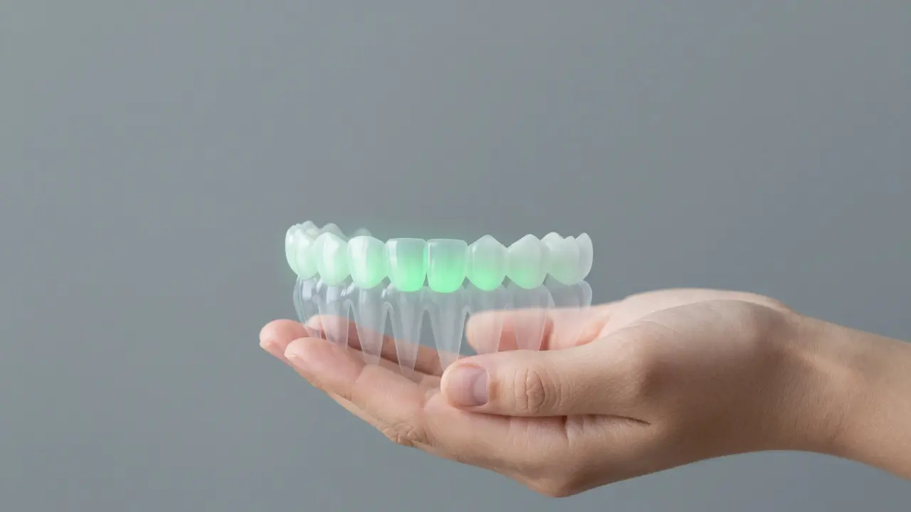 Ruka podrží čelist dítěte, s přechodem křivých zubů do rovné řady, symbolizující prevenci.