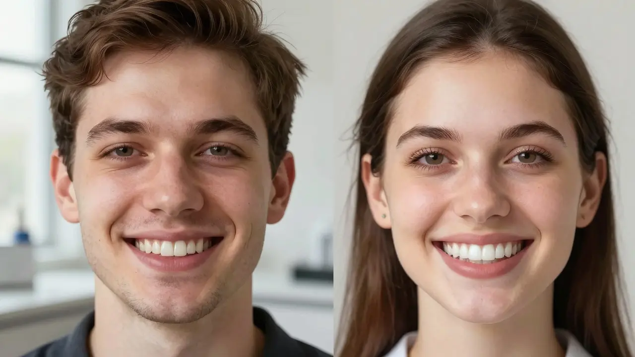Side-by-side comparison of natural teeth and teeth with ceramic veneers.