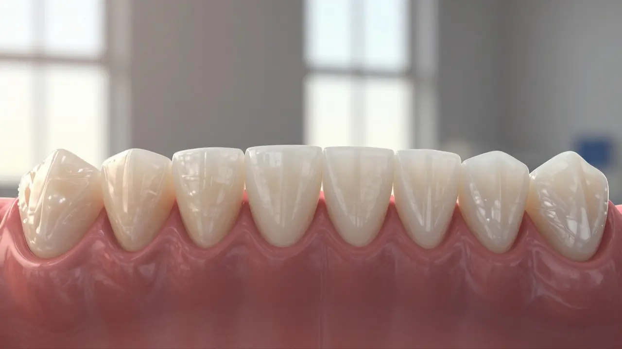 Side-by-side comparison of natural teeth and teeth with porcelain veneers, showing improved appearance.