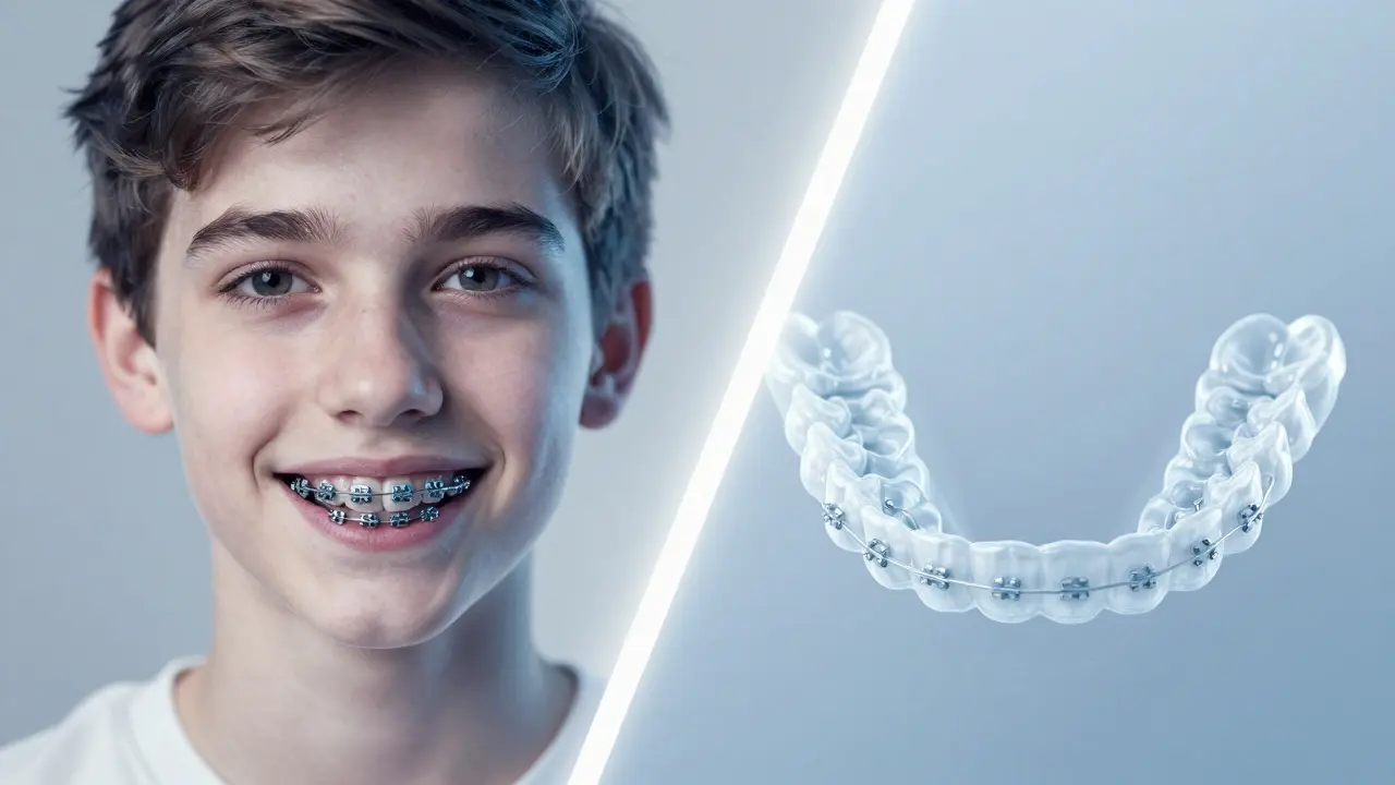 Teenager s klasickými a průhlednými ortodontickými přístroji, porovnání možností léčby.