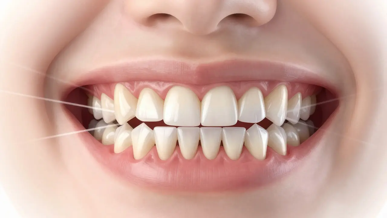 Transparentní zobrazení síly gumiček mezi horními a dolními zuby.