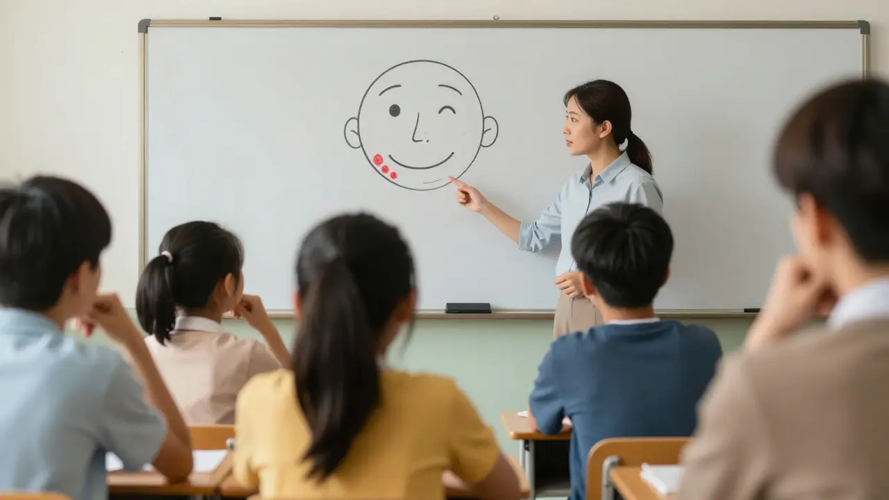 Učitel vysvětluje třídě, co se stalo po operaci čelisti.