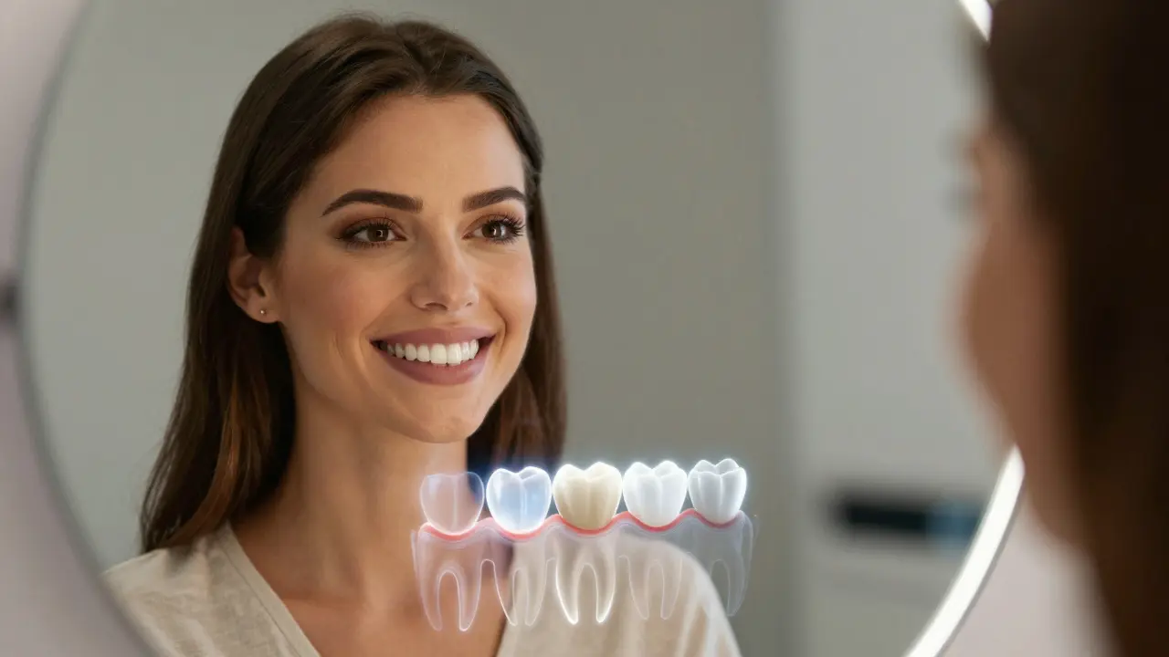 Woman smiling in mirror with porcelain veneers, faint overlay showing minimal tooth preparation beneath.