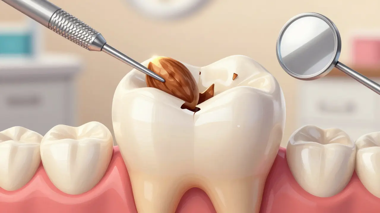 Zlomený zub po žvýkání tvrdého jídla s viditelným zlomem sklovinu.
