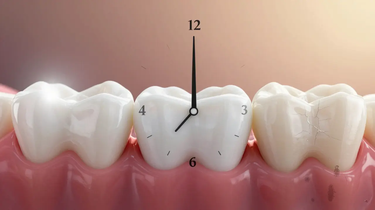 Zub s bílou plombou v průběhu 24 hodin: od čerstvého vložení až po plně ztuhlou a stabilní修复.