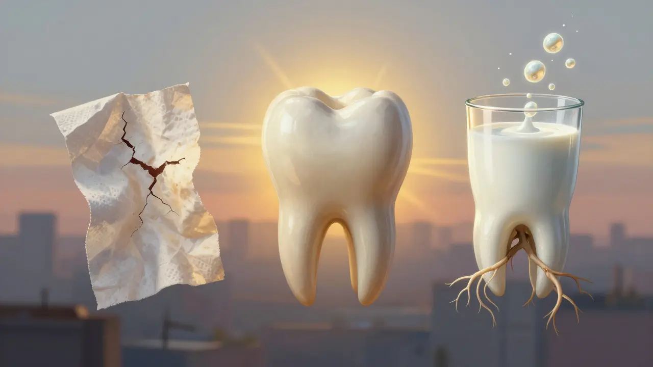 Zub ve třech prostředích: suchý, v mléce a při připojení k dásni.