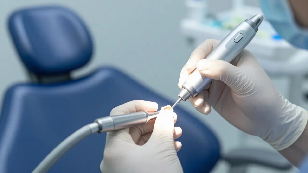 Zubní lékař odstraňuje korunku ultrazvukovými nástroji