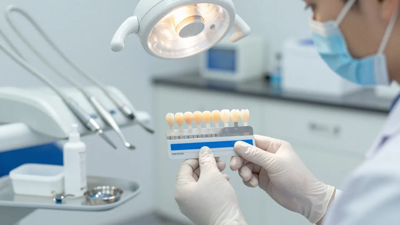 Zubní lékař porovnává barvu zubů pomocí barevné škály při vyšetření pacienta v ordinaci.