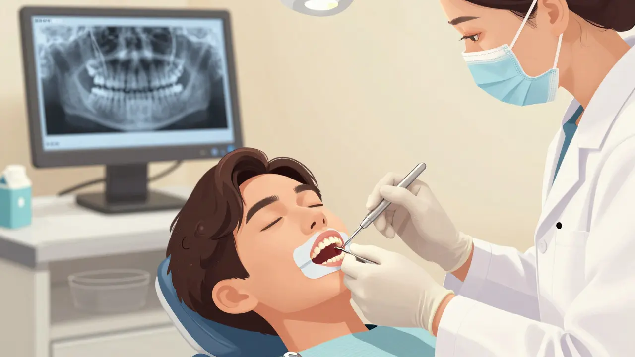 Zubní lékař znovu upevňuje vysypaný zub s použitím splintu v klinice.