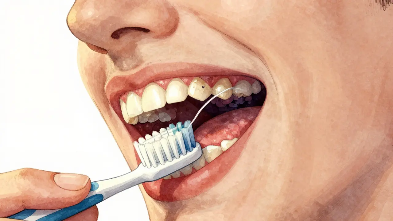 Zvětšený pohled na rozvoj mezizubního kazů s porovnáním čištění a zanedbání.