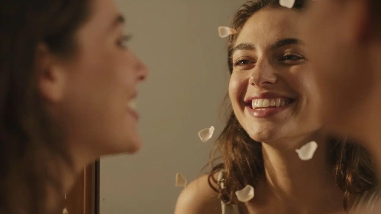 Člověk se usmívá do zrcadla s dokonalým úsměvem, kolem něj plavou průhledné fazety jako symbol změny.