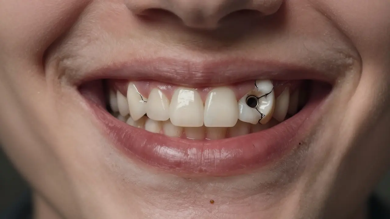 Cracked ceramic crown revealing dark metal core and receding gums.