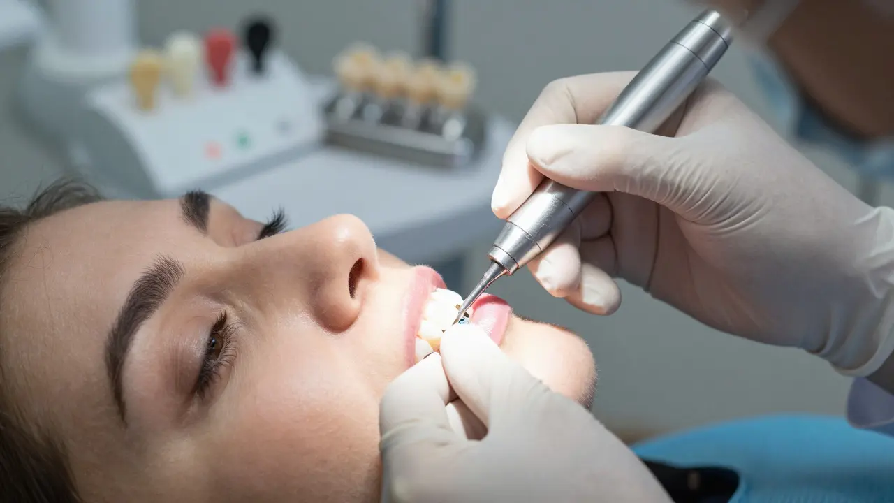 Dentist gently removing minimal enamel from front tooth before applying veneer.