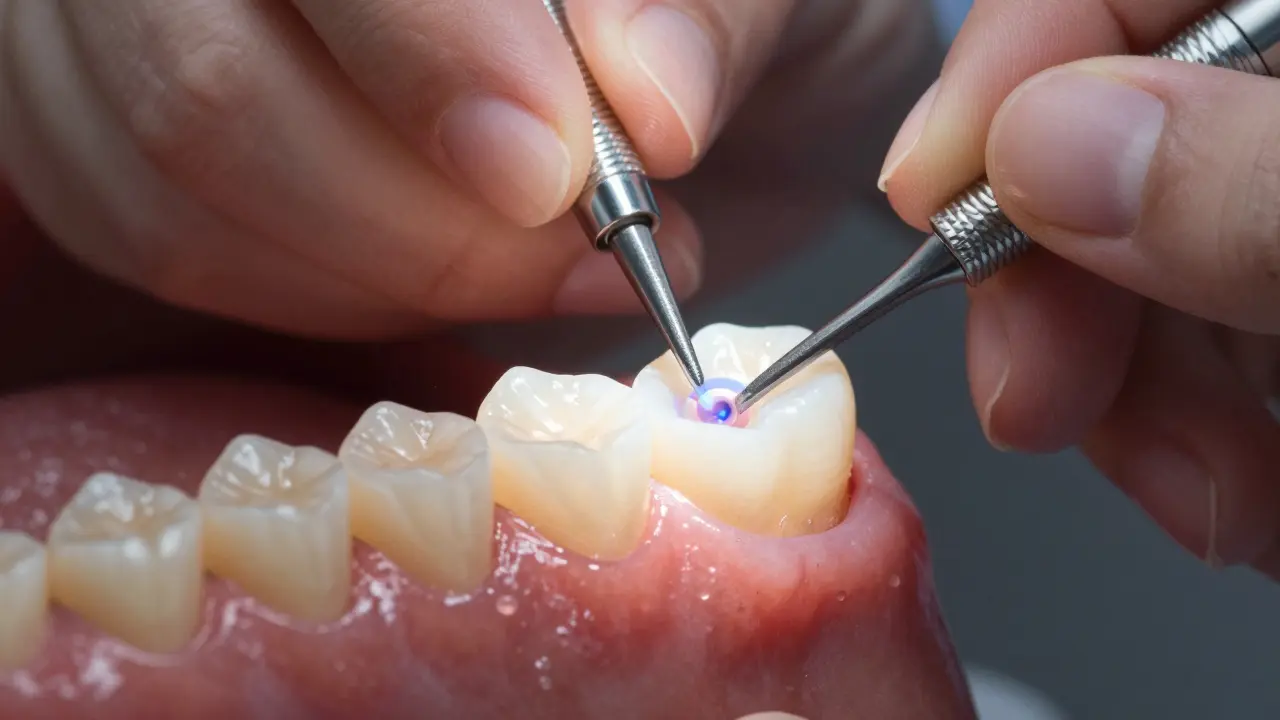 Dentista aplikuje kompozitní materiál do zubu pomocí světelného vytvrzování, s gumovým kruhem.