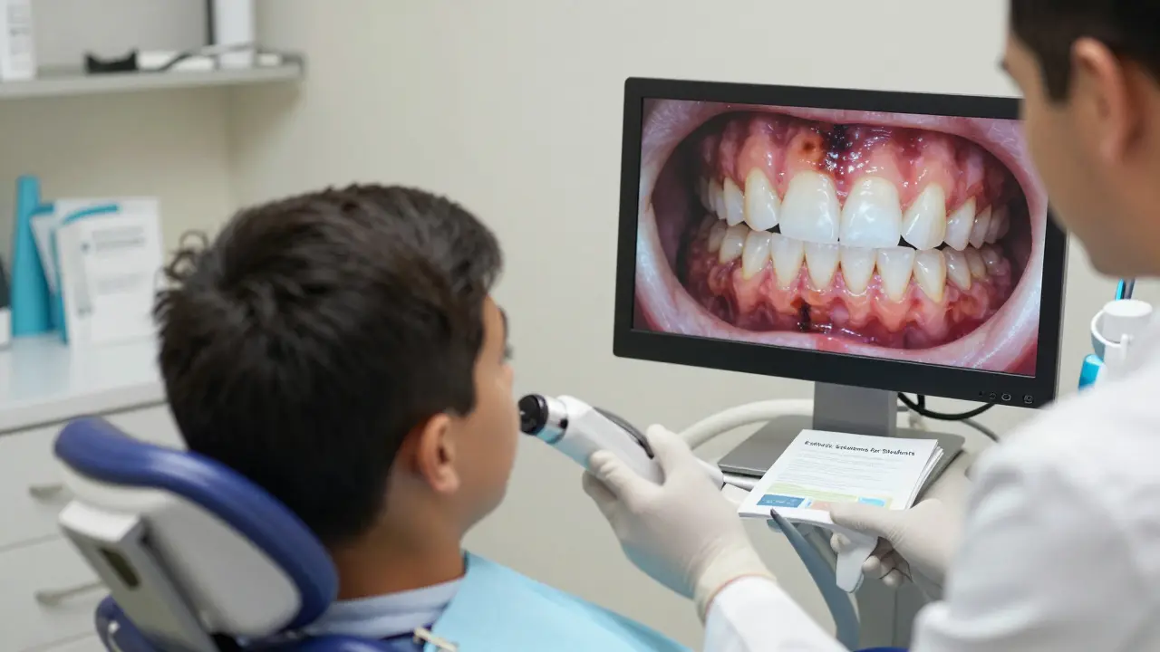 Dentista zkoumá tetracyklinové zuby studenta pomocí digitální kamery v klinice.