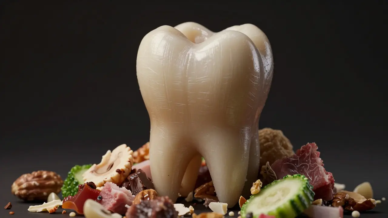 Detail zubu moláru s drobky potravy, které rozdrcením zpracovává, symbolizující jeho funkci žvýkání.