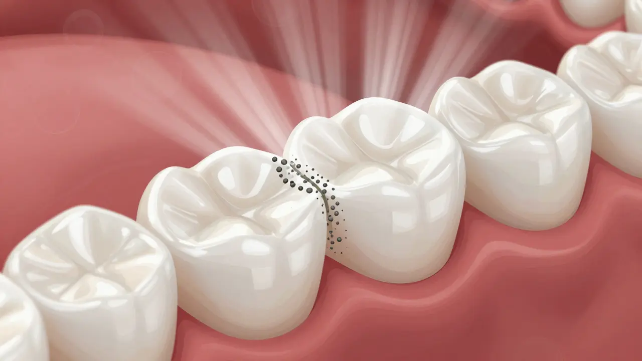 Detailní pohled na hranici keramické fazety s náznakem plaku, v pozadí symboly prevence.