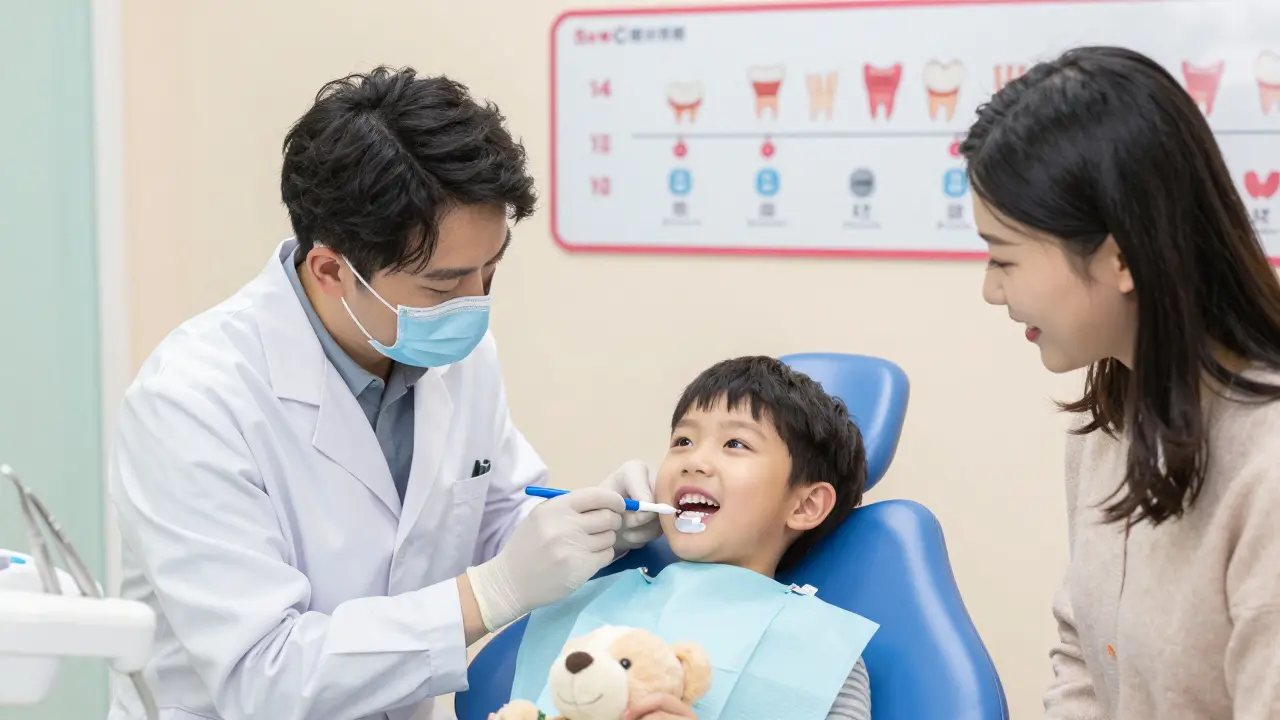 Dětský zubař aplikuje fluoridový lak dítěti v klinice, dítě se usmívá.